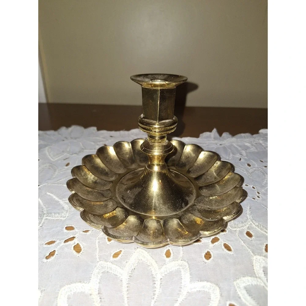 Vintage Solid Brass Scalloped Petal Regency MCM Candle Holder Made in India